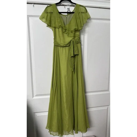 Vintage Green Ruffled Flowy Long Maxi Dress Flutter Fleece Sheer Chiffon Prom - Picture 2 of 15